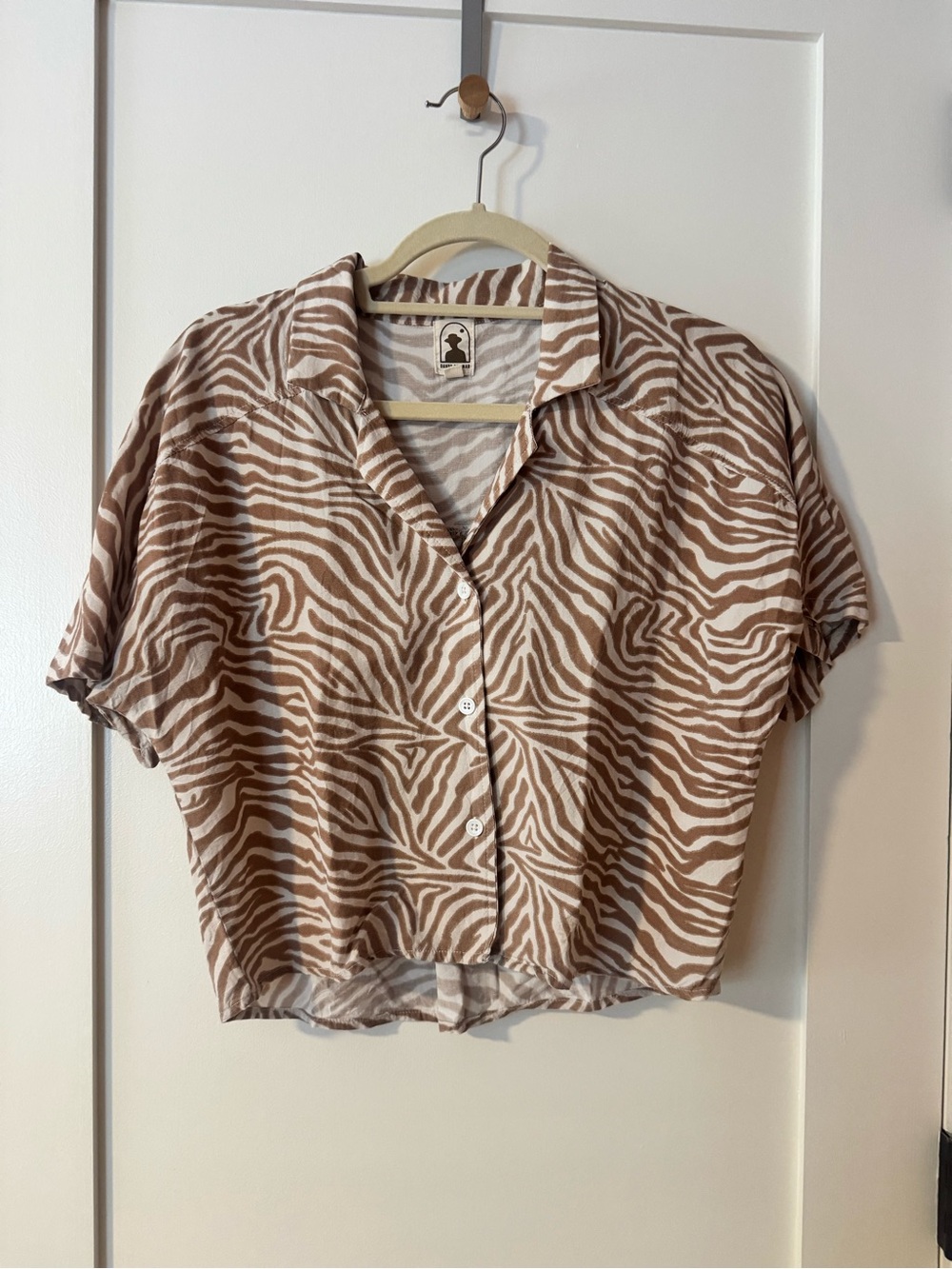 Zebra Print Short Sleeve Blouse - Cream & Brown